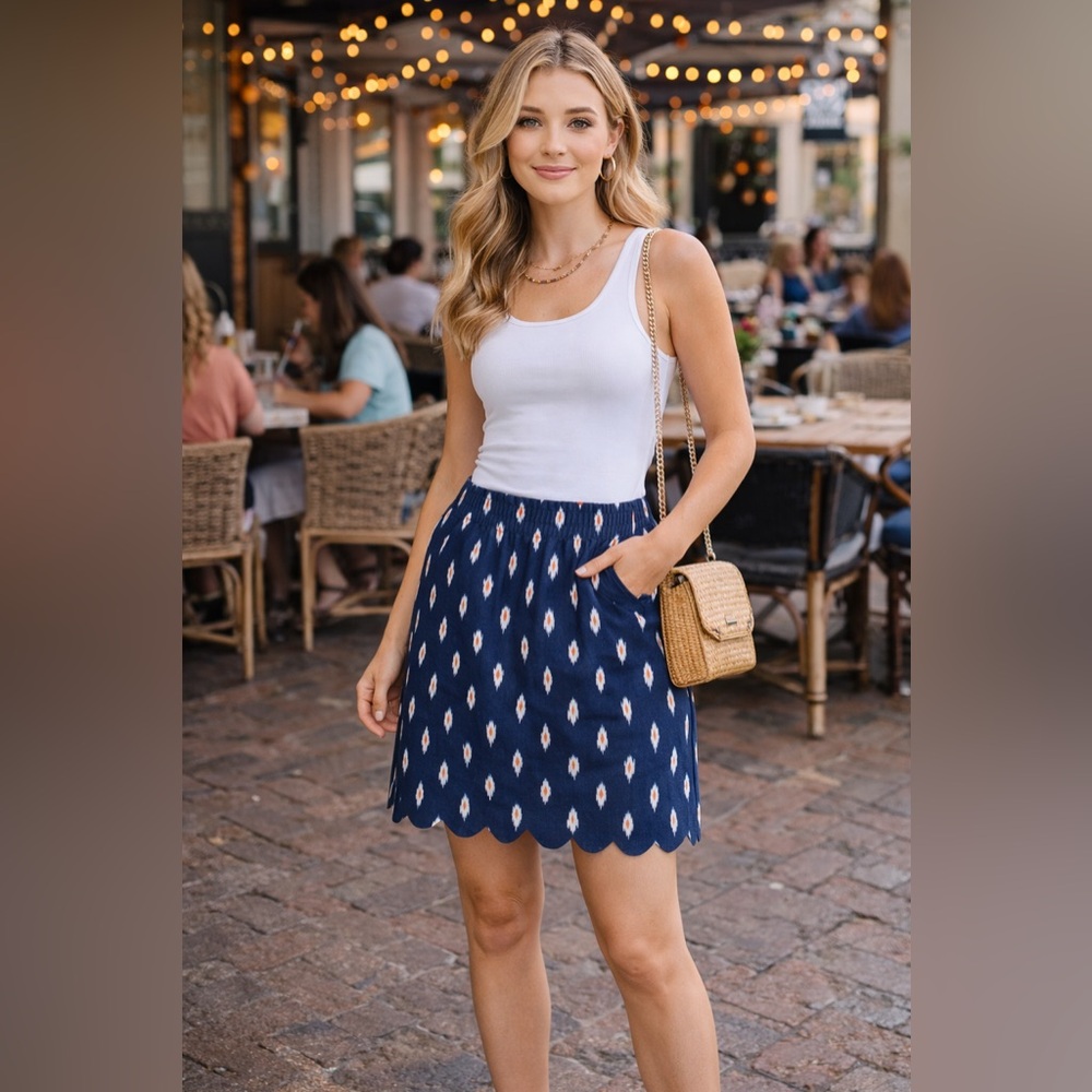 NWOT J.Crew Factory Navy Ikat Scalloped Mini Skirt Linen Blend Size 4